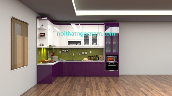Tủ bếp nhựa Acrylic bóng gương cao cấp được thiết kế màu tím ánh kim và màu trắng hiện đại